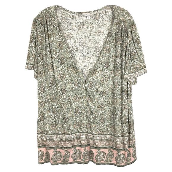 Lucky Brand Plus Size 1X Top Green Tan V Neck Short Sleeve Floral Knit Pearl 687 - Picture 1 of 10